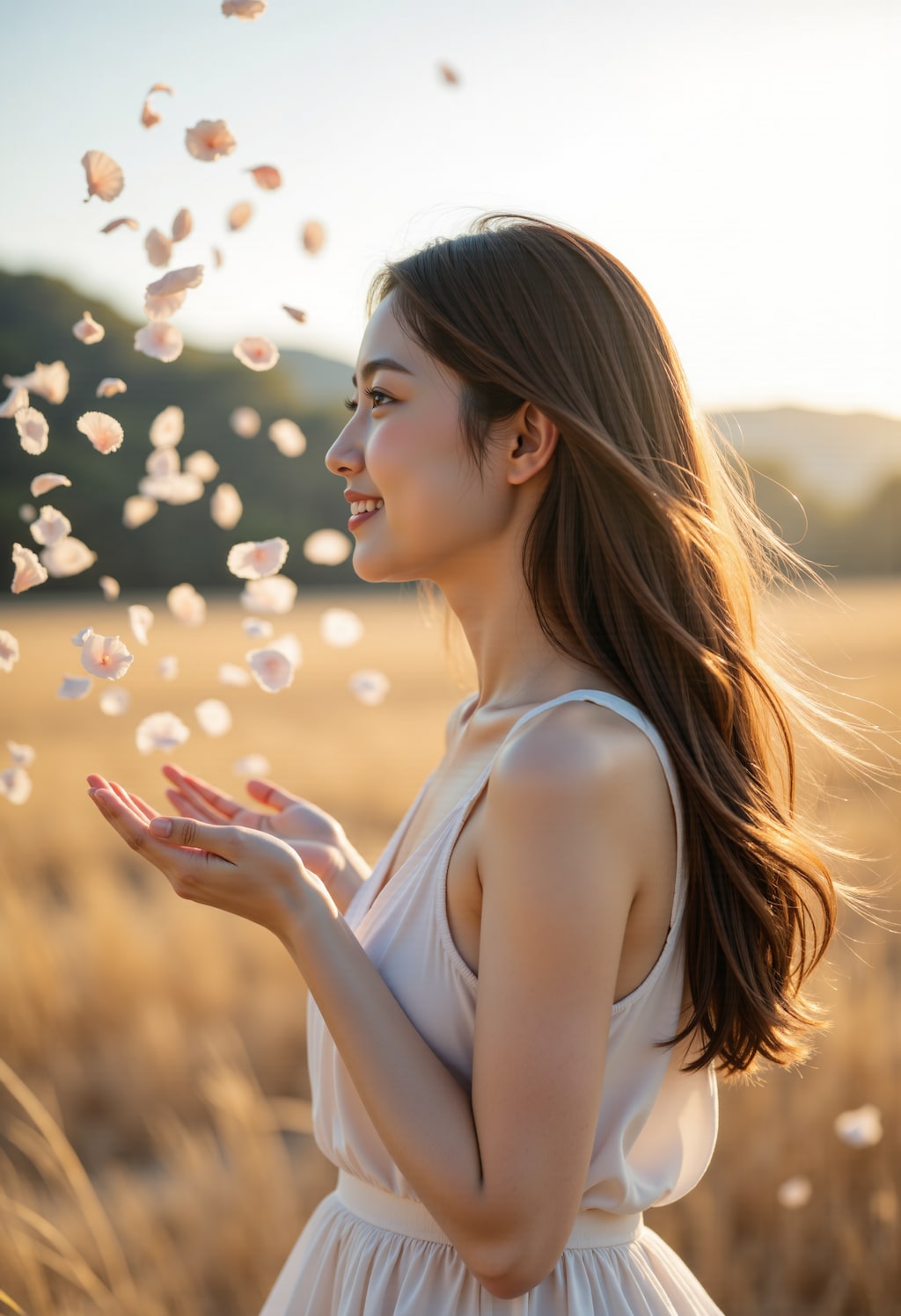 舞い散る花を見つめる女性 3