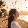 舞い散る花を見つめる女性 3 5枚目
