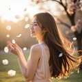 舞い散る花を見つめる女性 3 4枚目
