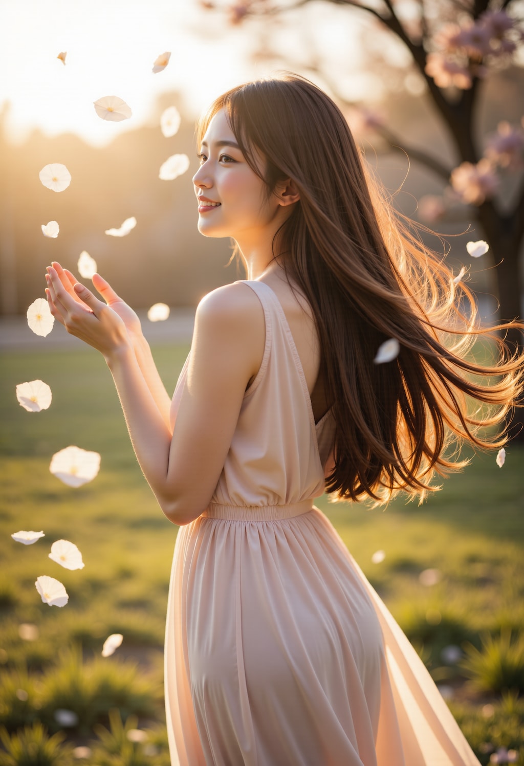 舞い散る花を見つめる女性 3