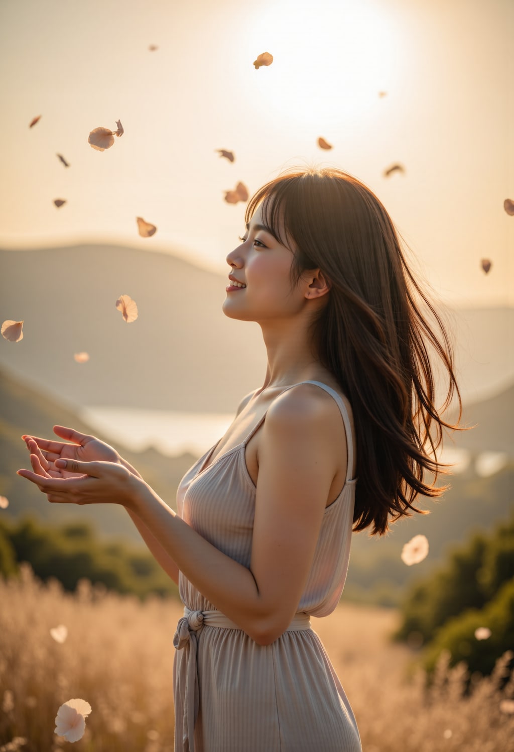 舞い散る花を見つめる女性 3
