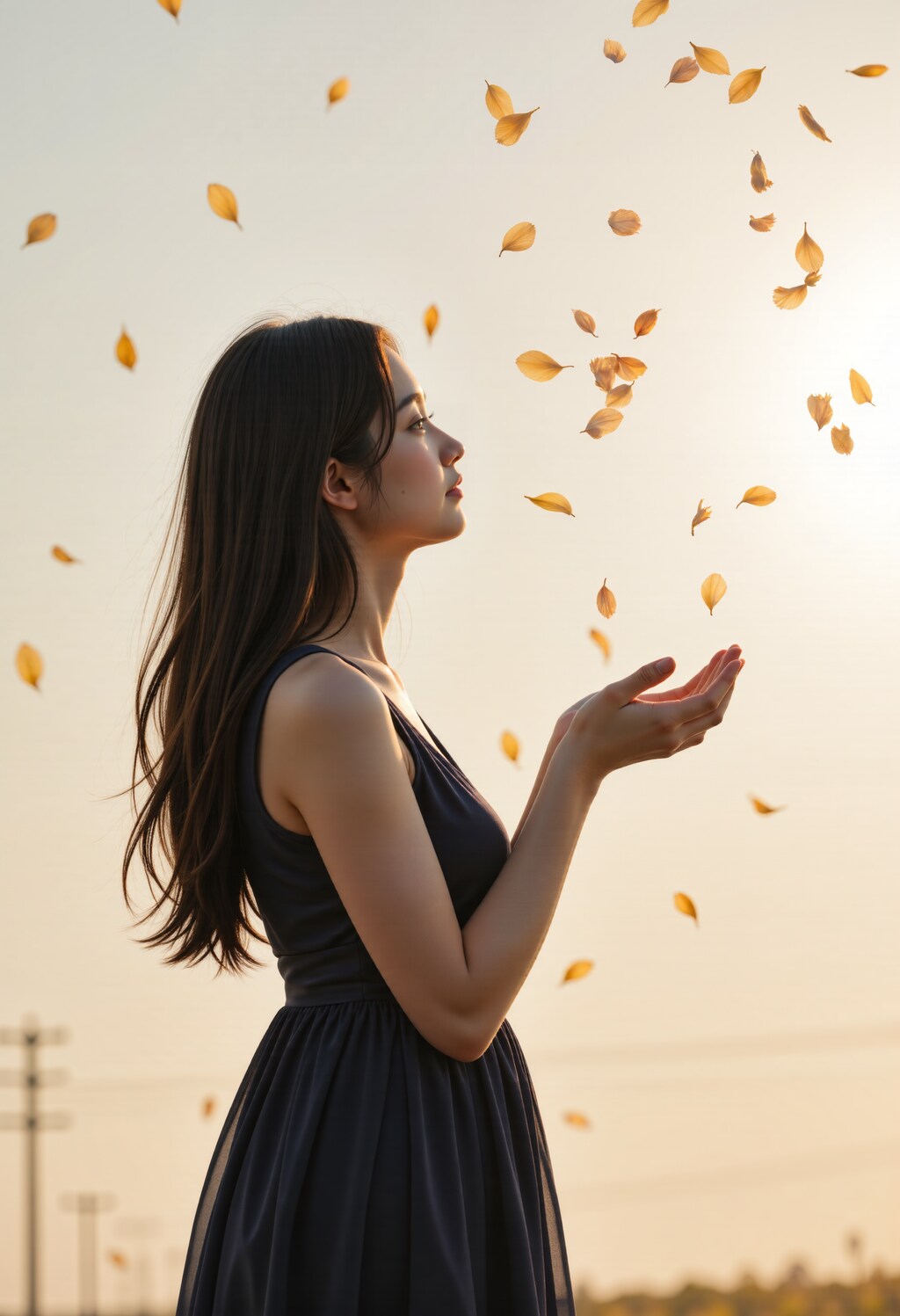 舞い散る花を見つめる女性 3