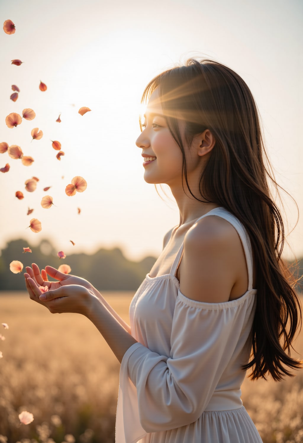 舞い散る花を見つめる女性 3