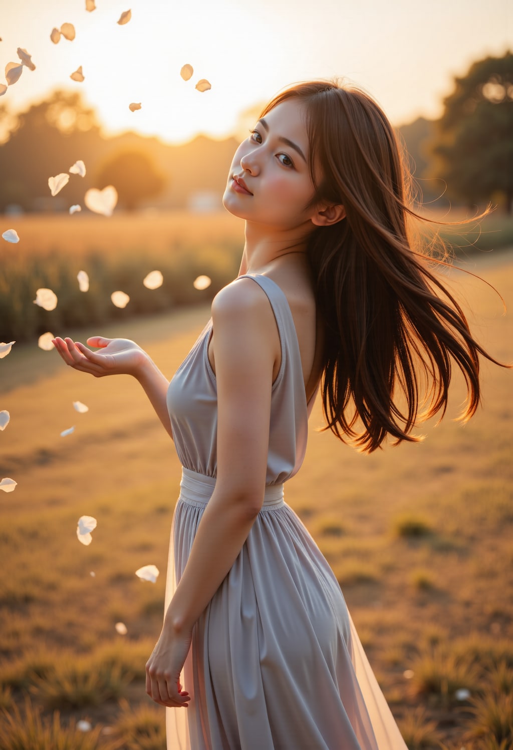舞い散る花を見つめる女性 3