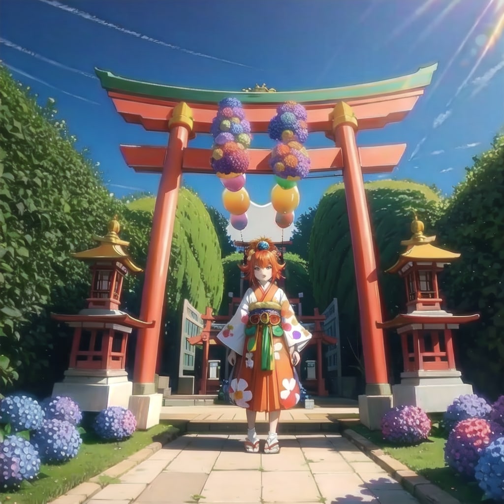 紫陽花咲く神社でいっぱい色とりどりの風船を持つオレンジ髪ショートカットの巫女服着た美女