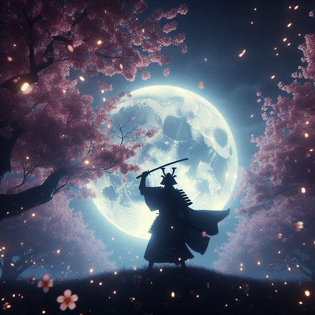 夜桜と侍のシルエット