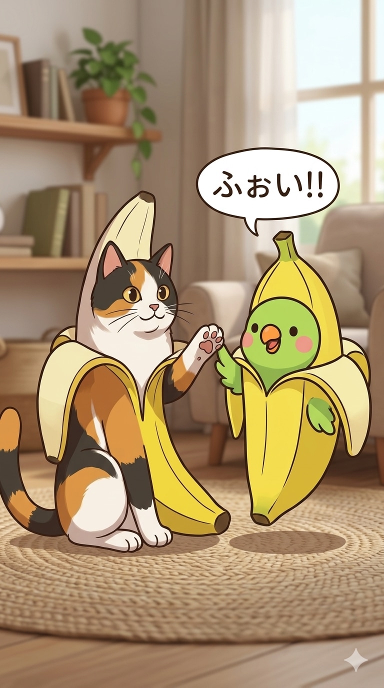 バナにゃんとバナナインコ