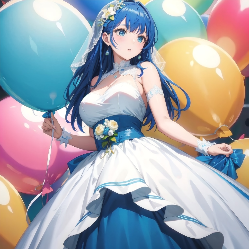 いっぱい色とりどりの巨大風船を持つ青いウェディングドレス着た美女