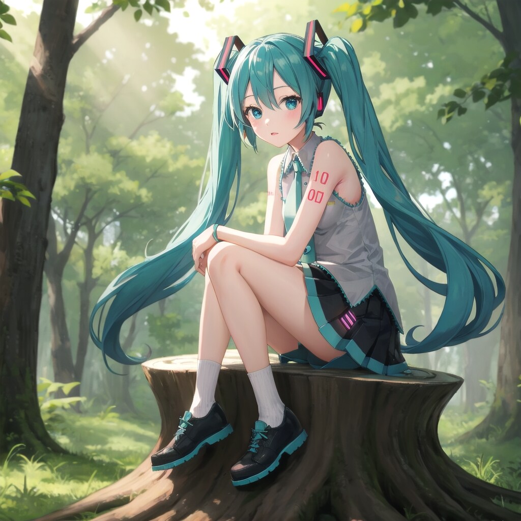 切り株に座るミク | の人気AIイラスト・グラビア