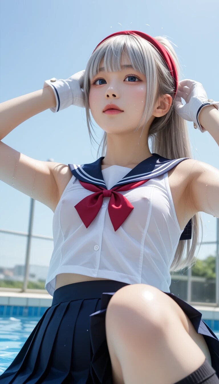 白銀髪ポニテ美少女の「髪をかき上げる無防備な仕草」に理性を完全破壊されるｗｗ青空に映える圧倒的な透明感、まぶしすぎるビジュアルに全ネット民が感謝の平伏ｗｗw