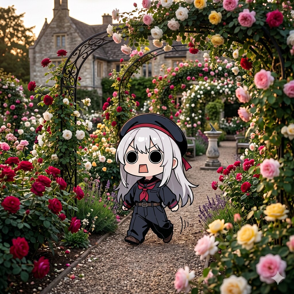 薔薇園を楽しむえらいこっちゃ嬢