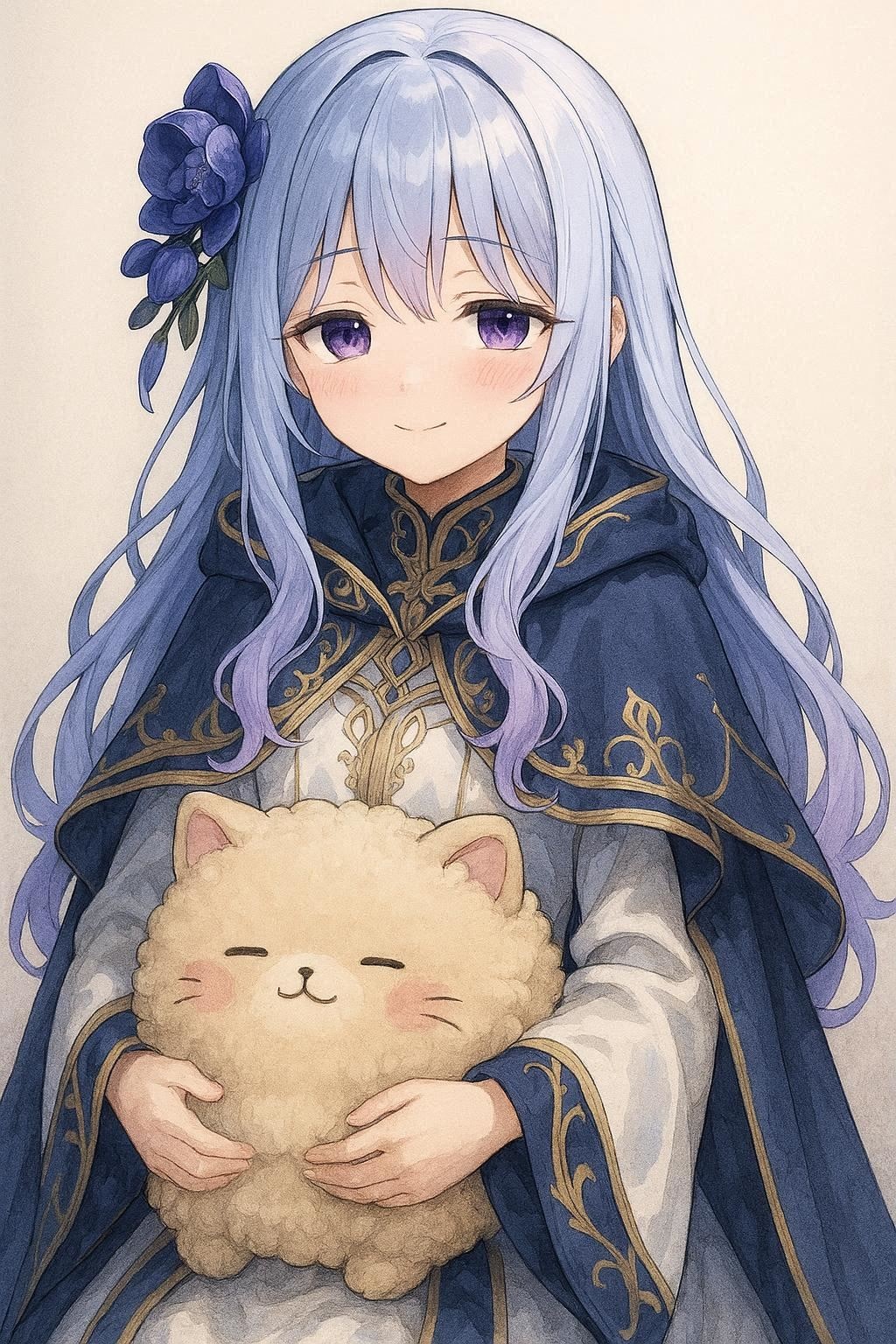 猫ちゃんクッションを抱える魔導師の女の子