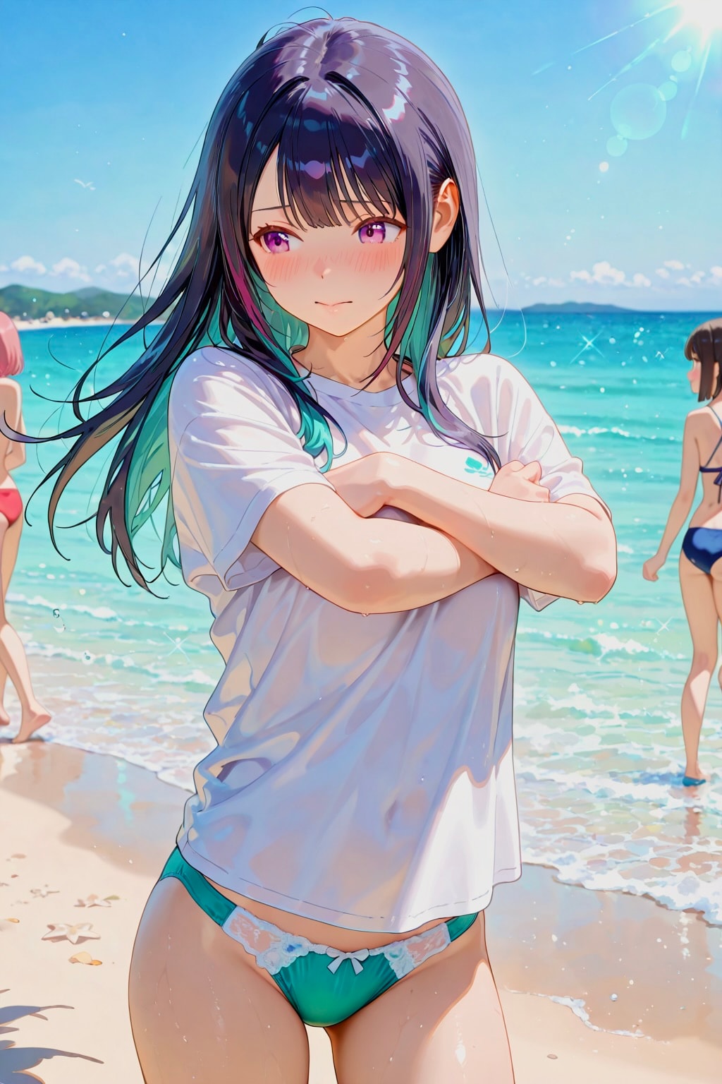 砂浜で着替える