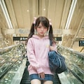 エスカレーターでパンチラガードしている愛ちゃん 3枚目