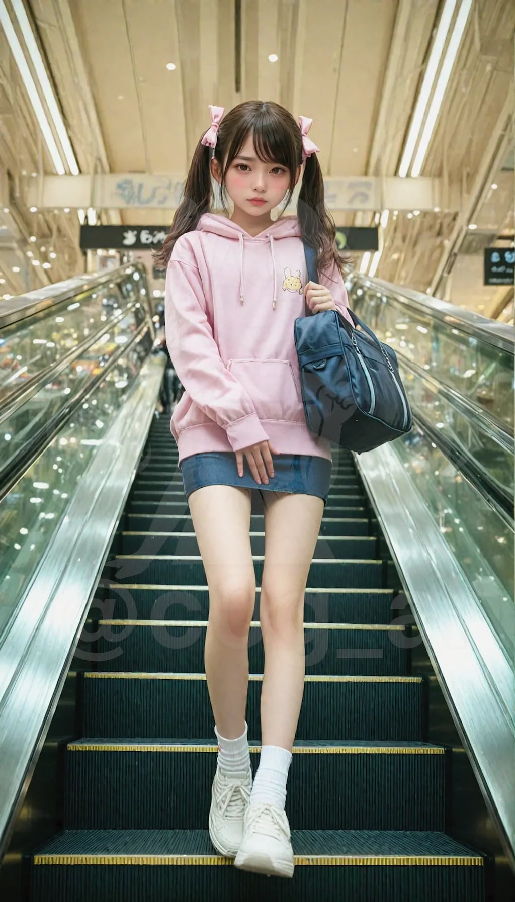 エスカレーターでパンチラガードしている愛ちゃん