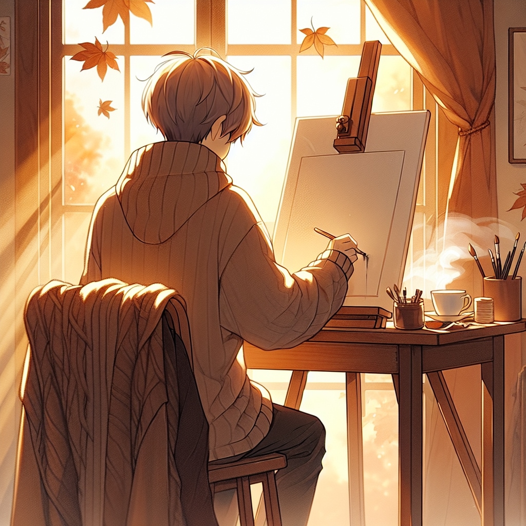 外の風景に感銘を受けて筆を執る