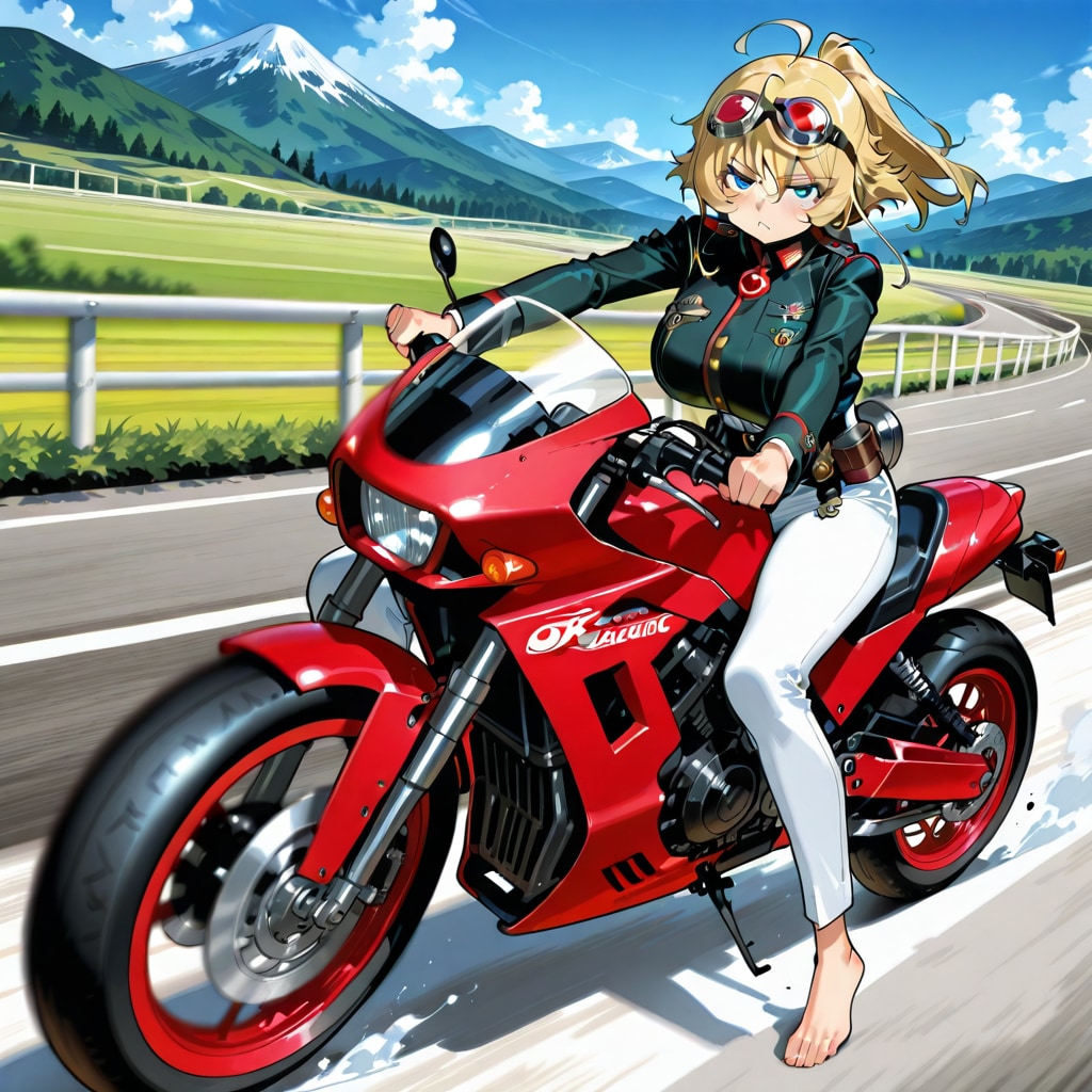 バイクのハンドルは握っているけど足元が裸足なのはそのままでステップ無し、バイクのスタンドも降りてる（汗） | の人気AIイラスト・グラビア