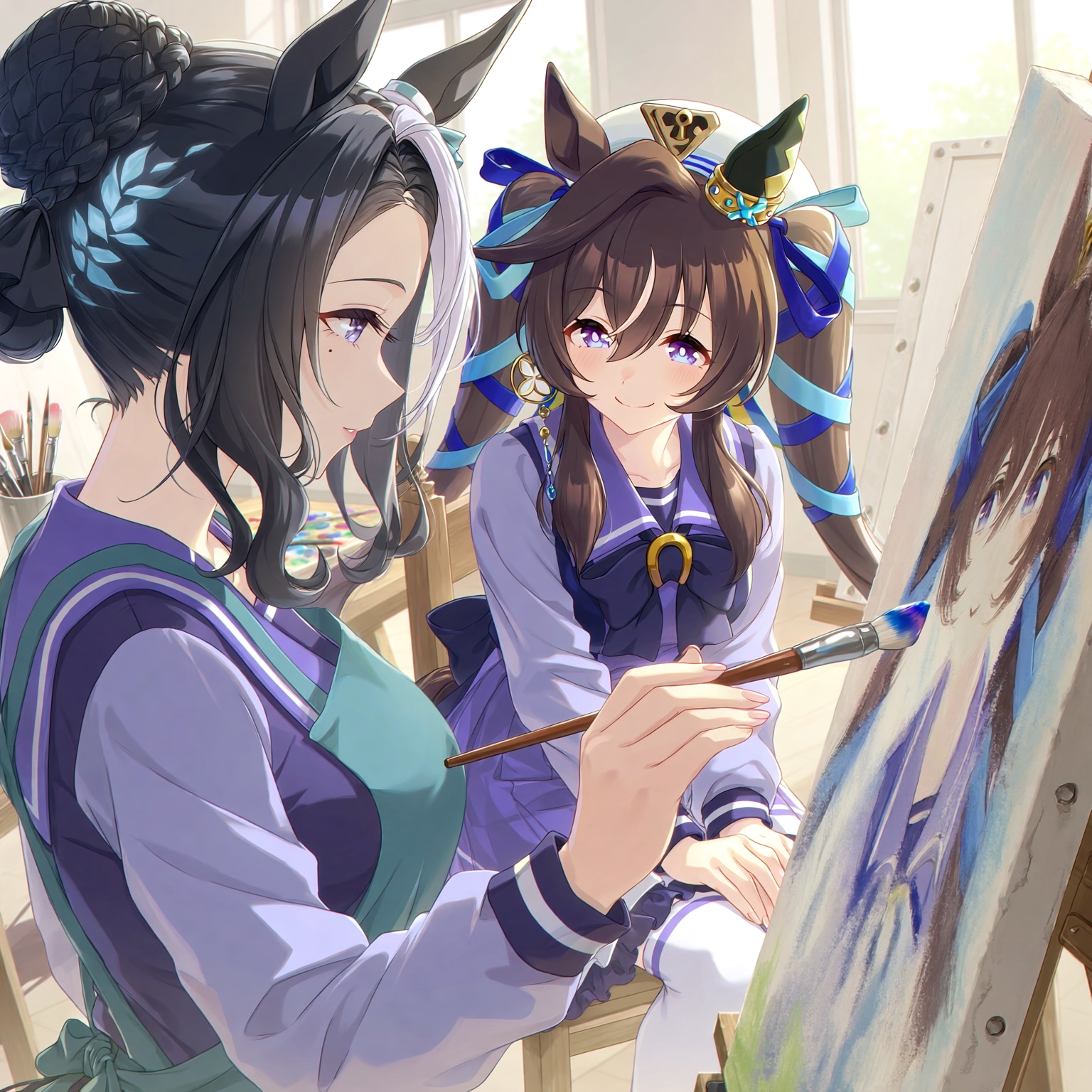 ヴィブロスさんの似顔絵を描くメジロラモーヌさん