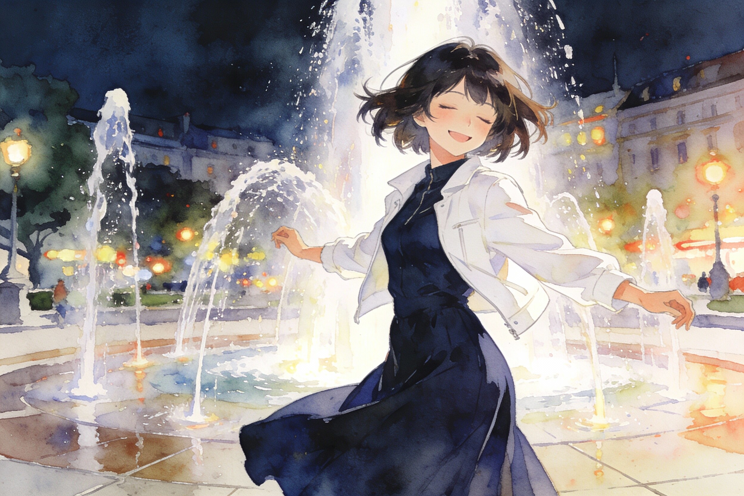 噴水広場で踊る女