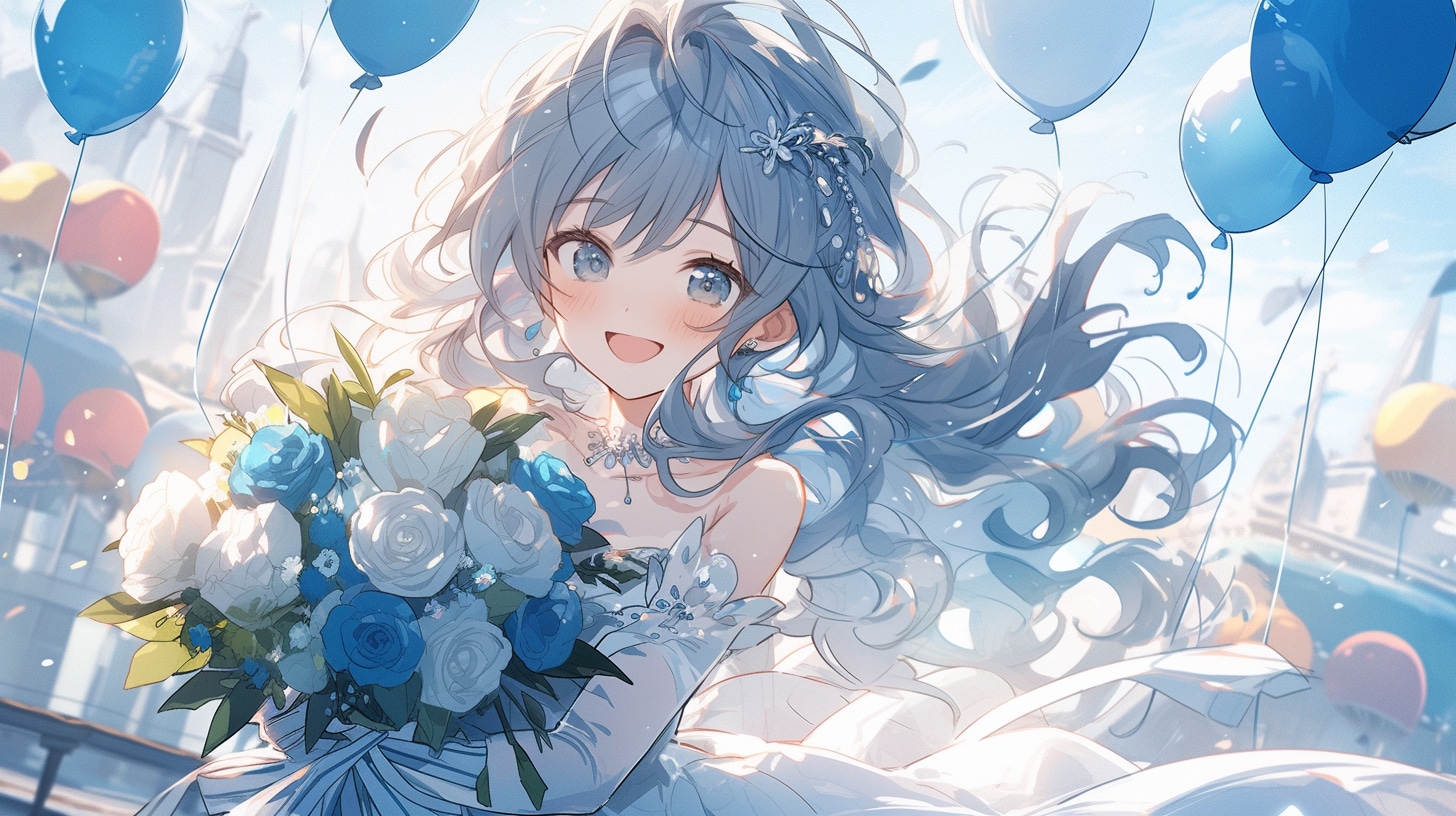 青い花嫁の風船舞う夢婚礼 | の人気AIイラスト・グラビア