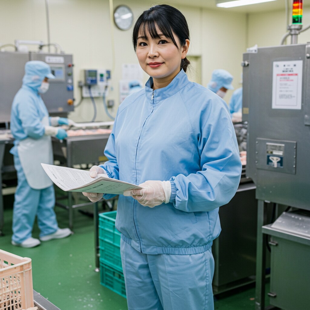 工場の敷地内を歩く従業員２