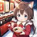 雪の日に外でラーメンを食べる小さな女の子 4枚目