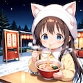 雪の日に外でラーメンを食べる小さな女の子 3枚目