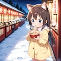 雪の日に外でラーメンを食べる小さな女の子 5枚目