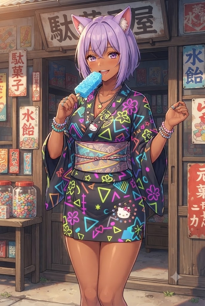 駄菓子屋と氷菓子とミニ浴衣の日焼けギャルのシス