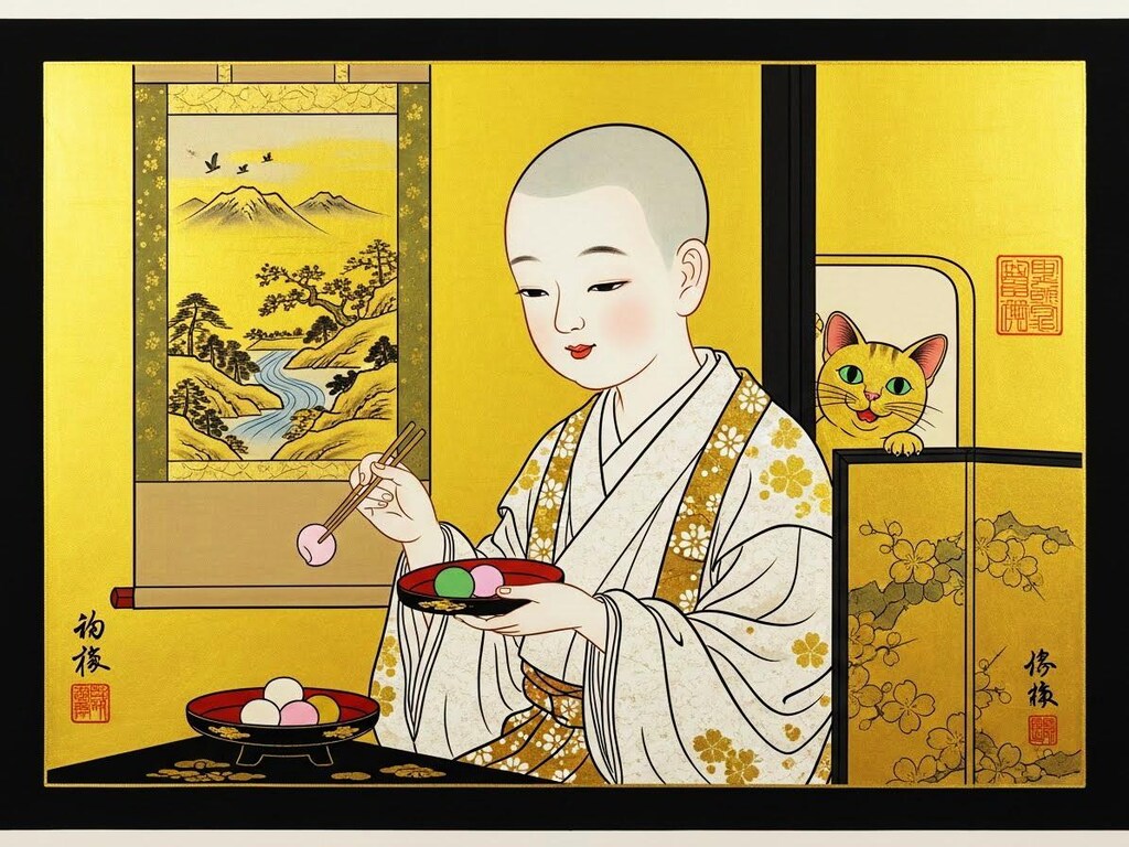 甘い物を食す尼さん