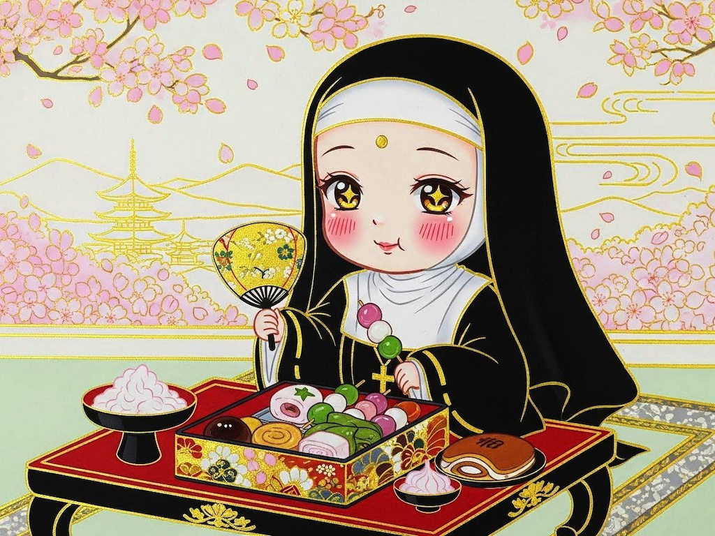 甘い物を食す尼さん
