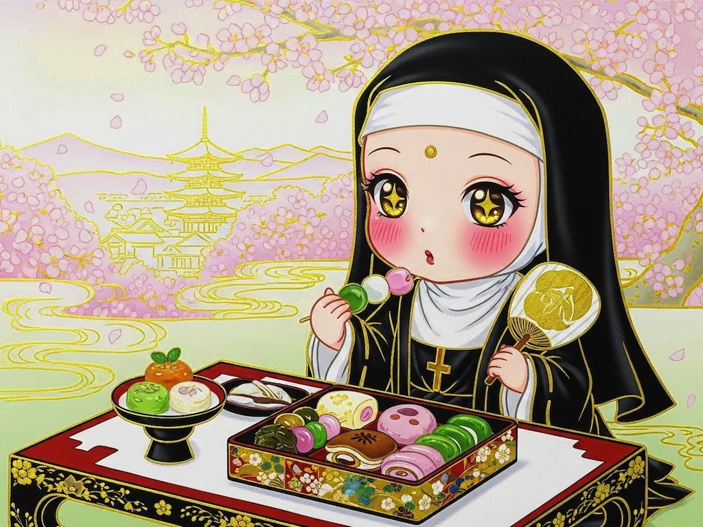 甘い物を食す尼さん