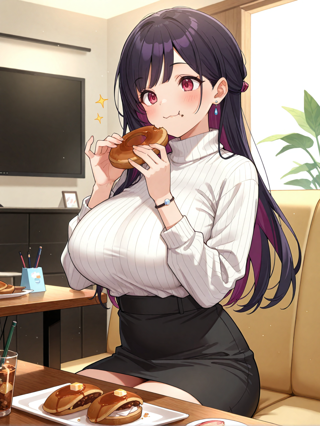どら焼きを食べる黒髪の娘