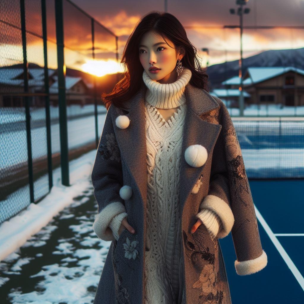 コートを着てテニスコートに来た