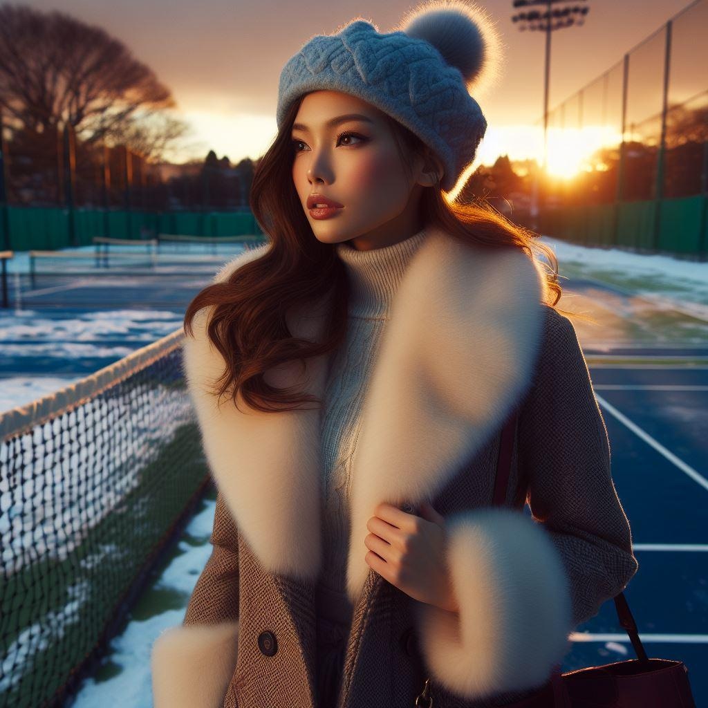 コートを着てテニスコートに来た