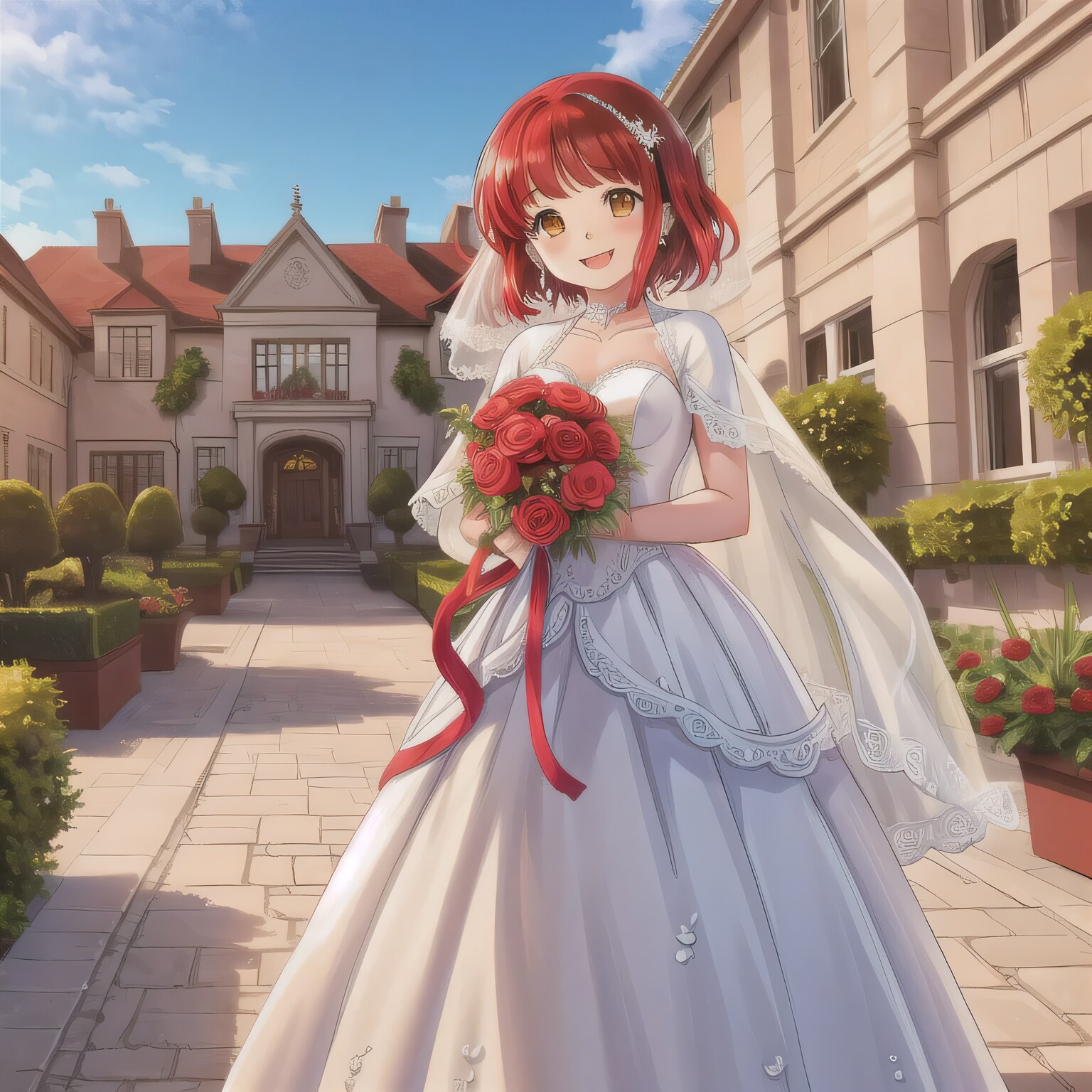 赤髪ボブでウェディングドレスの少女