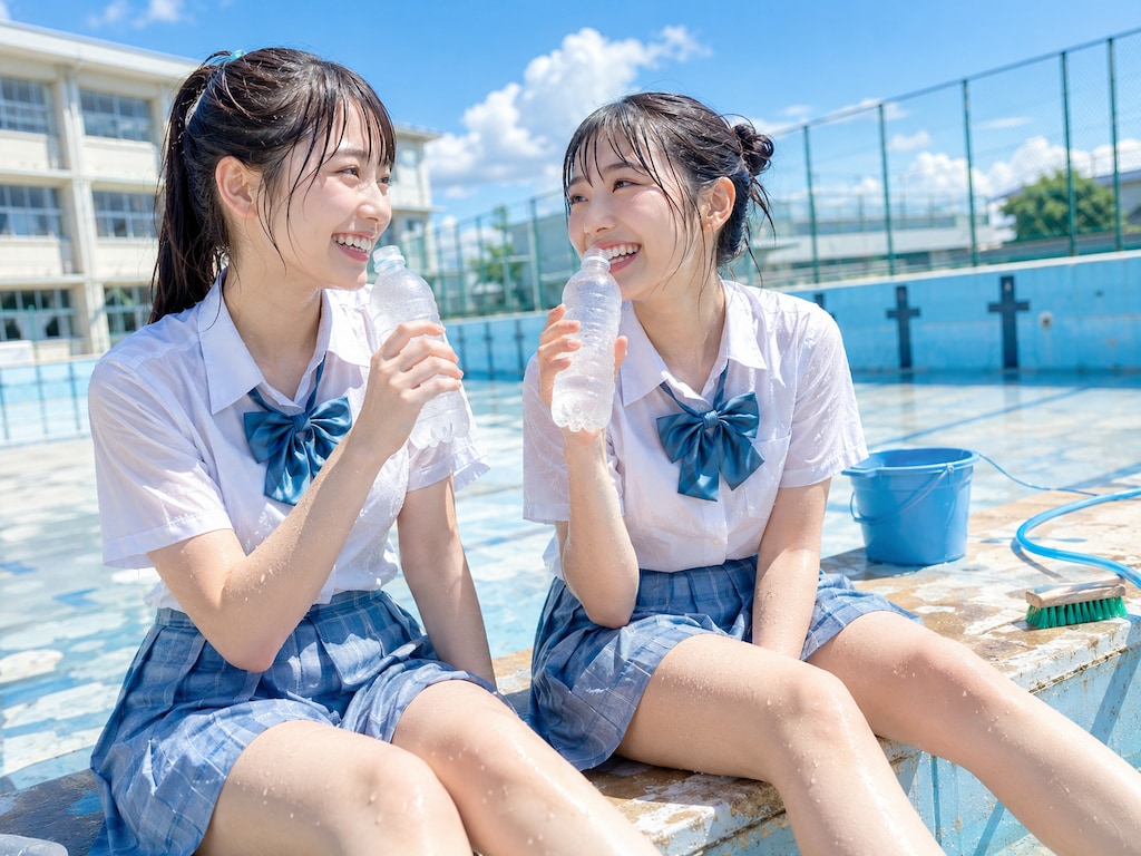 プール掃除をする女子高生