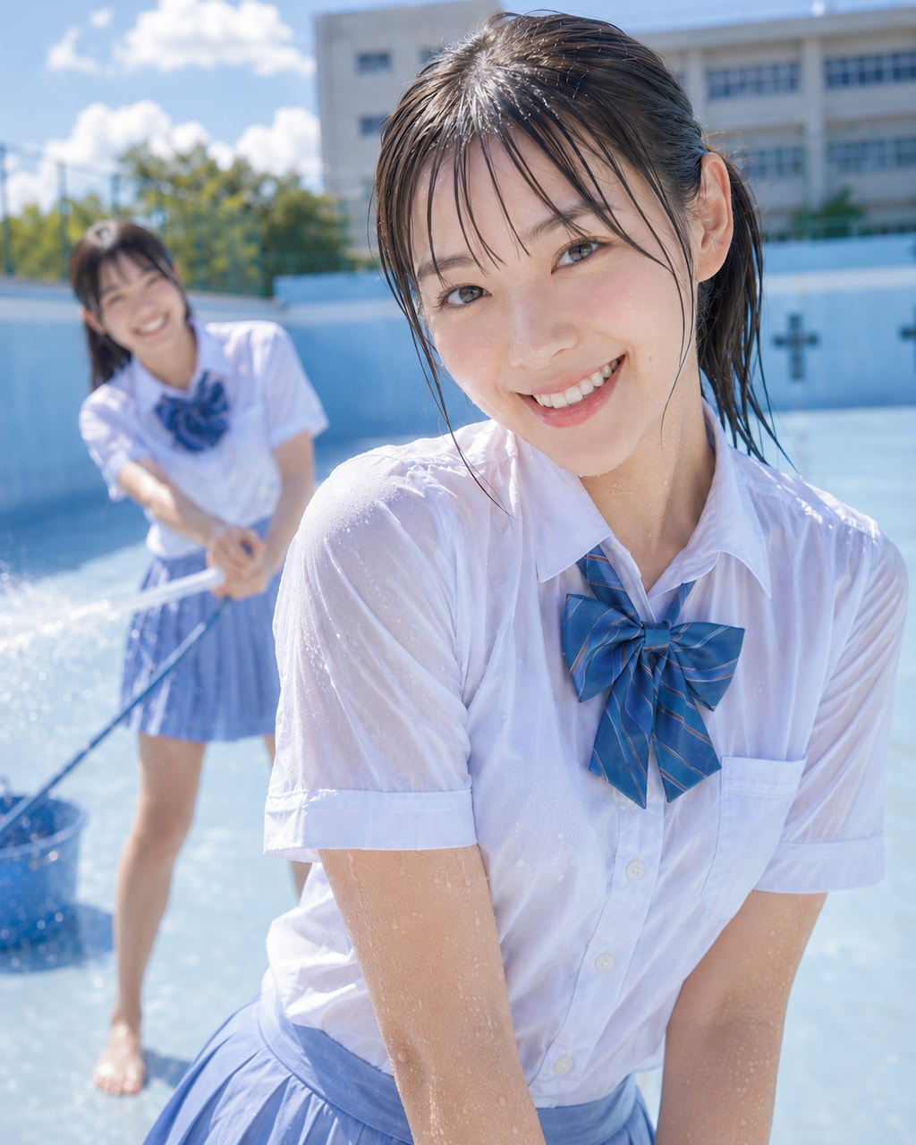 プール掃除をする女子高生