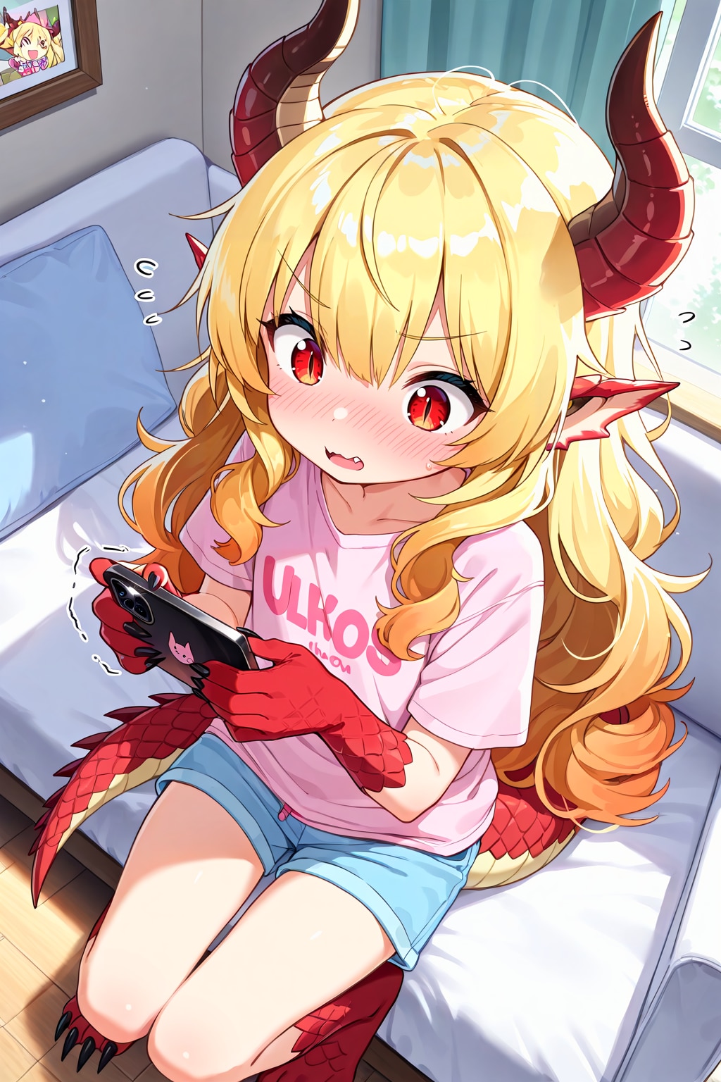 不意に竜化してしまってスマホ操作に苦労するドラゴン娘