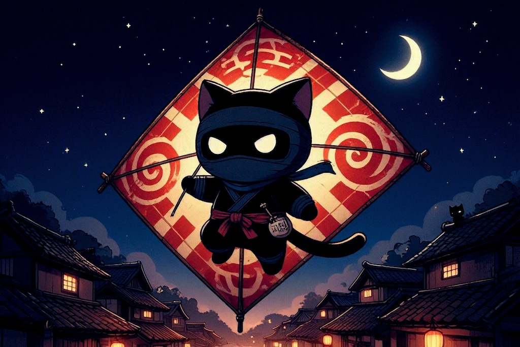 凧に乗って潜入を試みる黒猫忍者