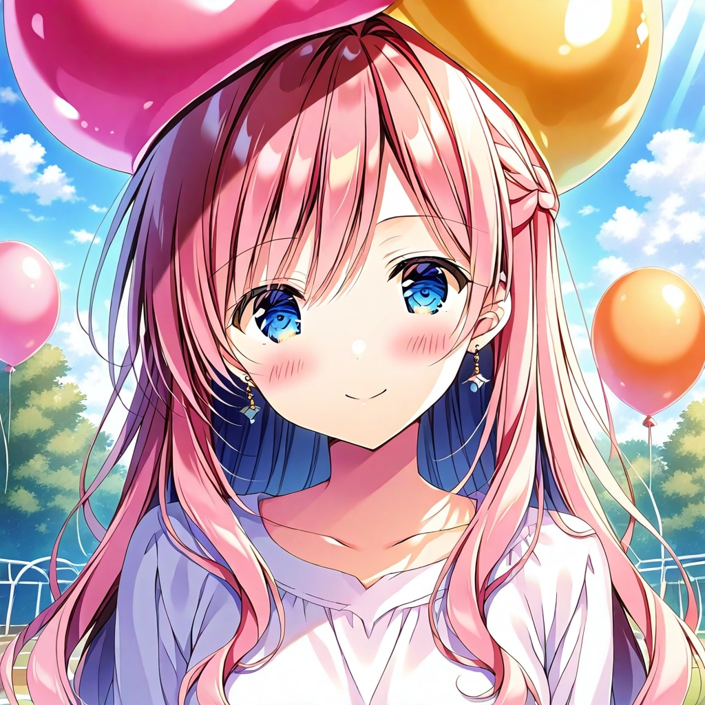 保育園でいっぱい風船を持つピンク髪ロングの美女先生