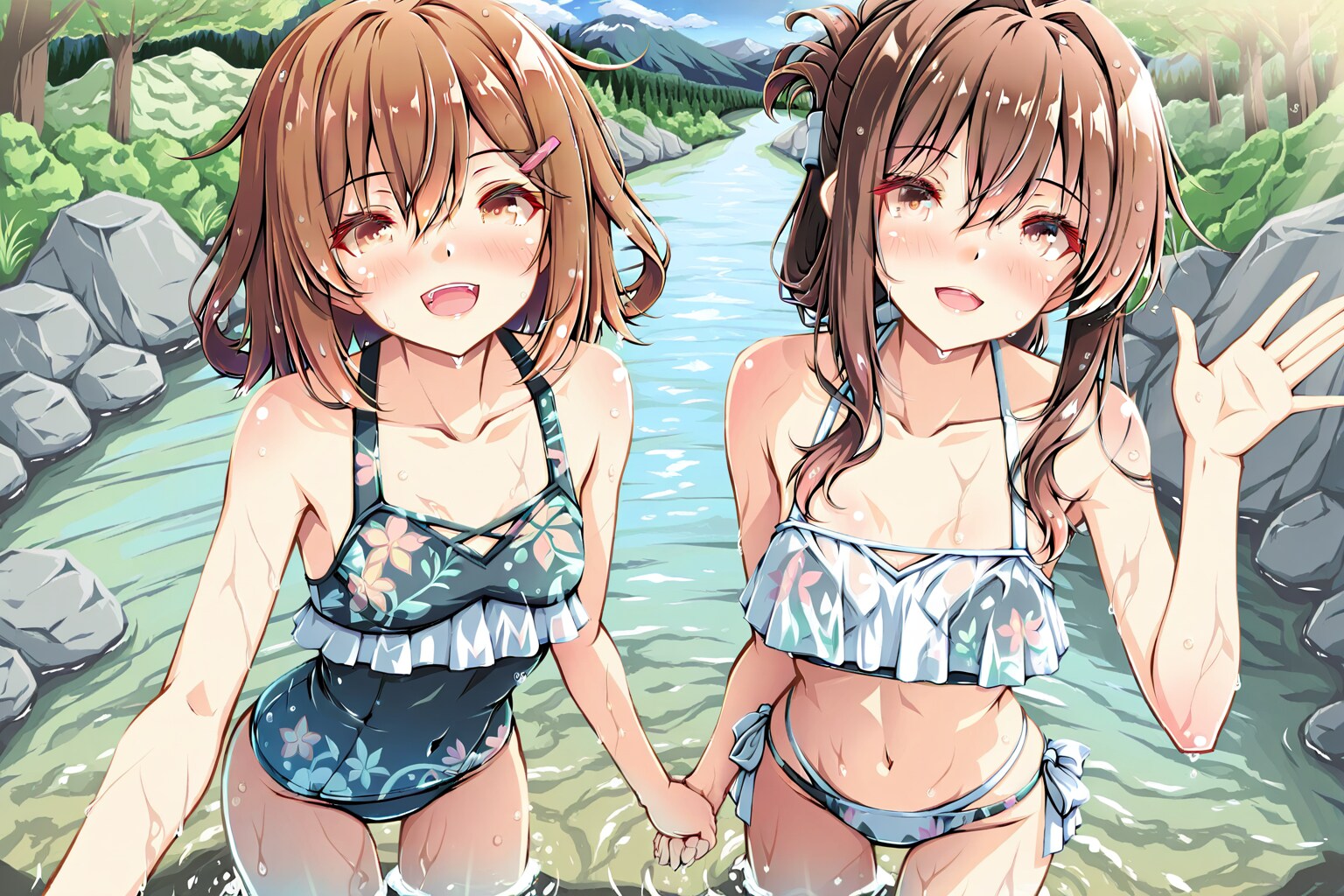 渓流で水遊び