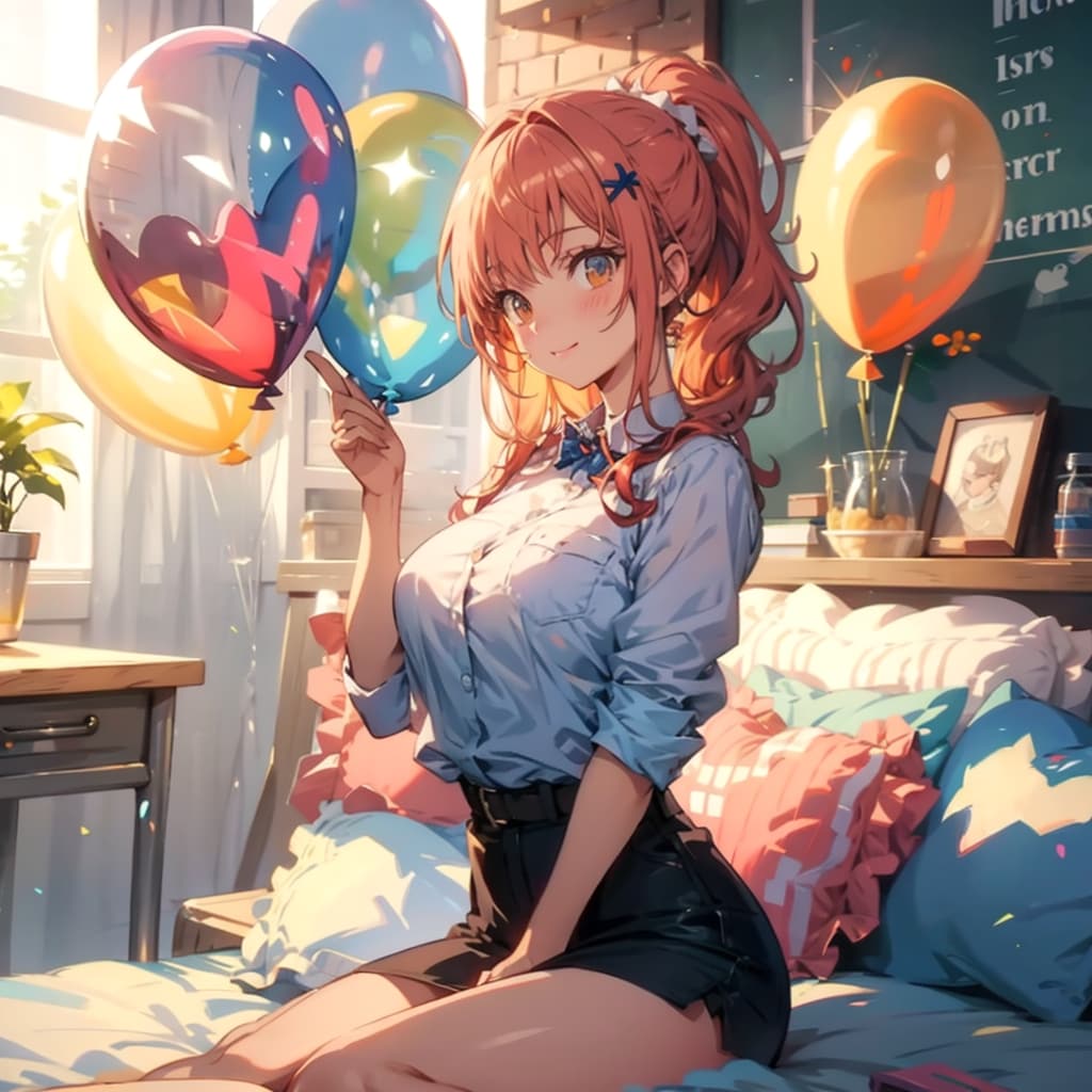 いっぱい風船を持つオレンジ髪ポニーテールの保育士の美人。 | の人気AIイラスト・グラビア