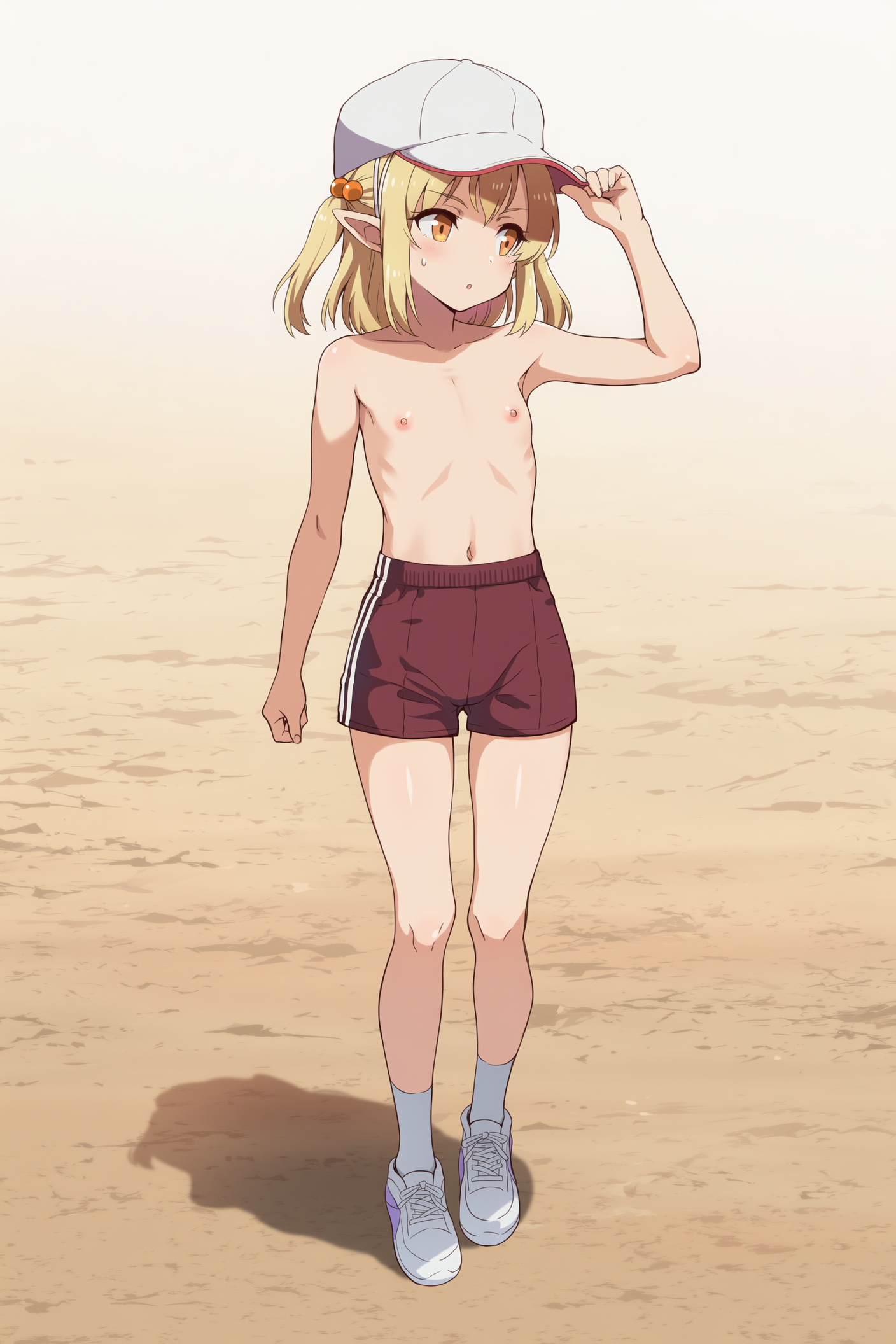 上半身裸+体操着の短パン+赤白帽のエルフさん