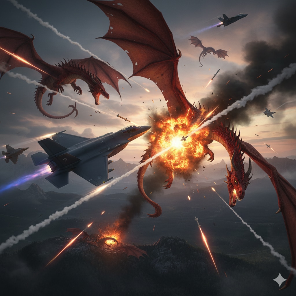 現代に現れたレットドラゴンと戦闘機の空中戦