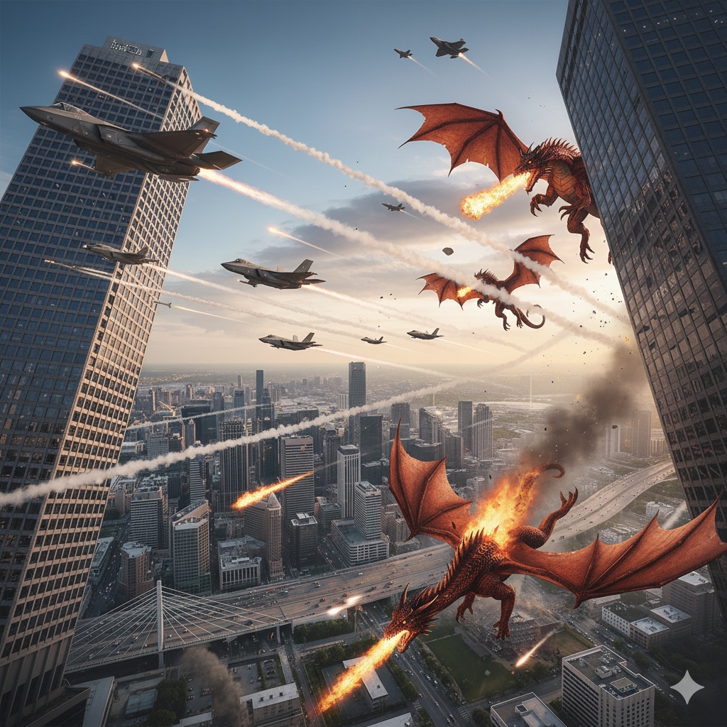 現代に現れたレットドラゴンと戦闘機の空中戦