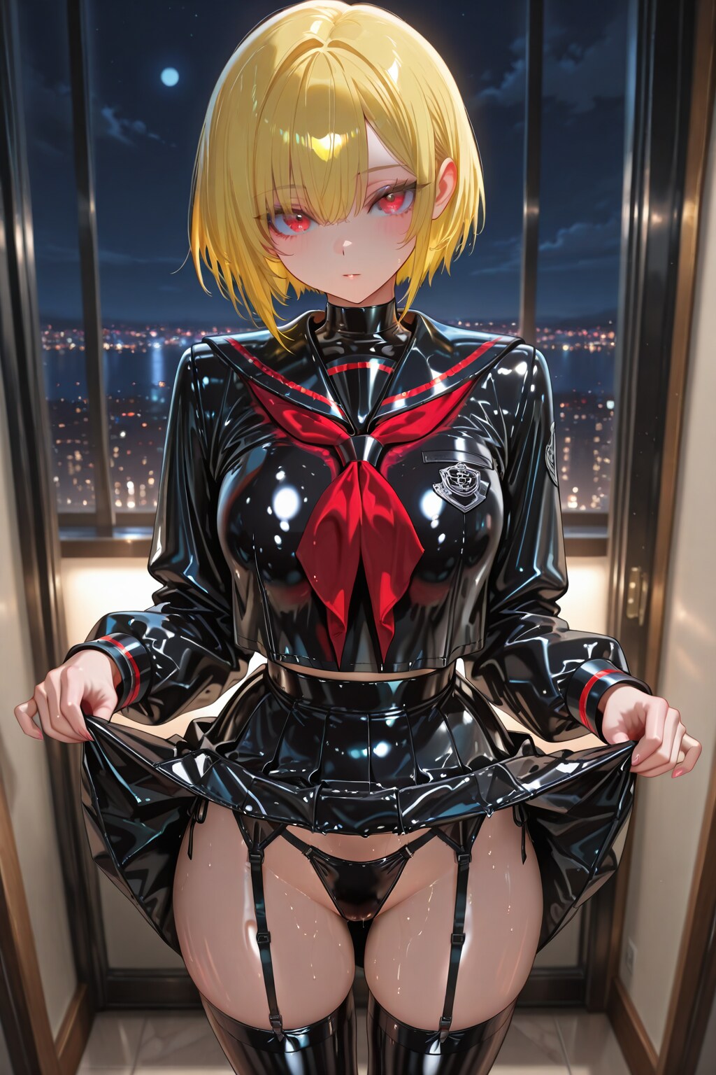 ラバーセーラー服でパン見せ