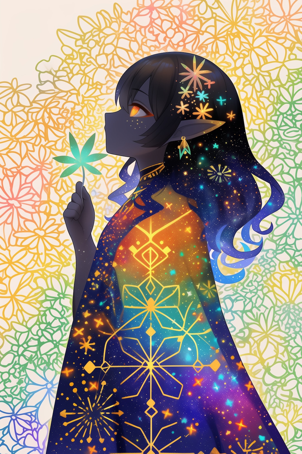 輝く葉っぱとエルフ娘