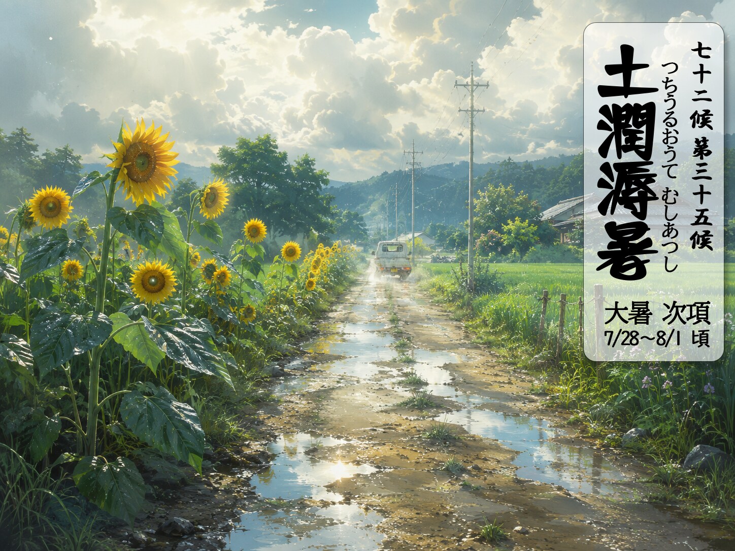 第三十五候「土潤溽暑 (つちうるおうてむしあつし)」7/28～8/1頃