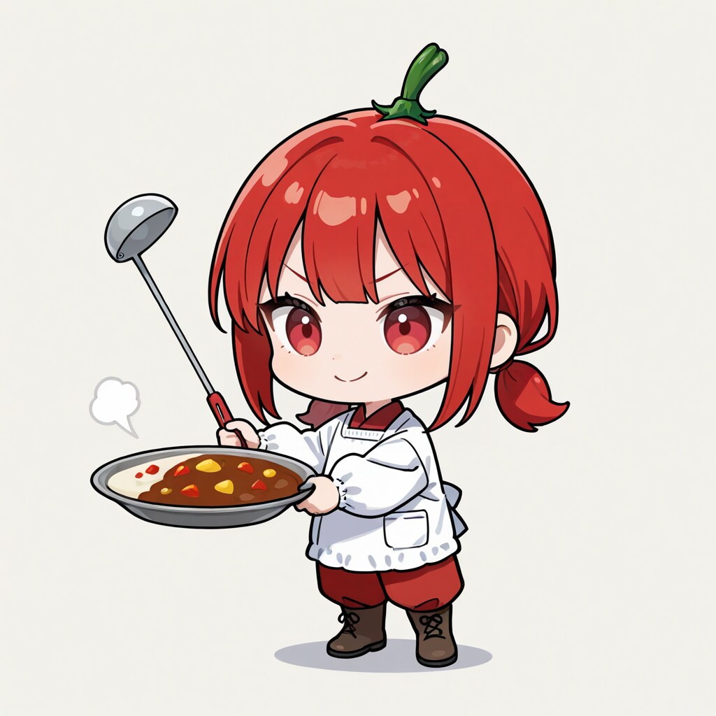 摩訶不思議食堂でスパイシーカレーを調理中の赤の胡椒華シチミちゃん